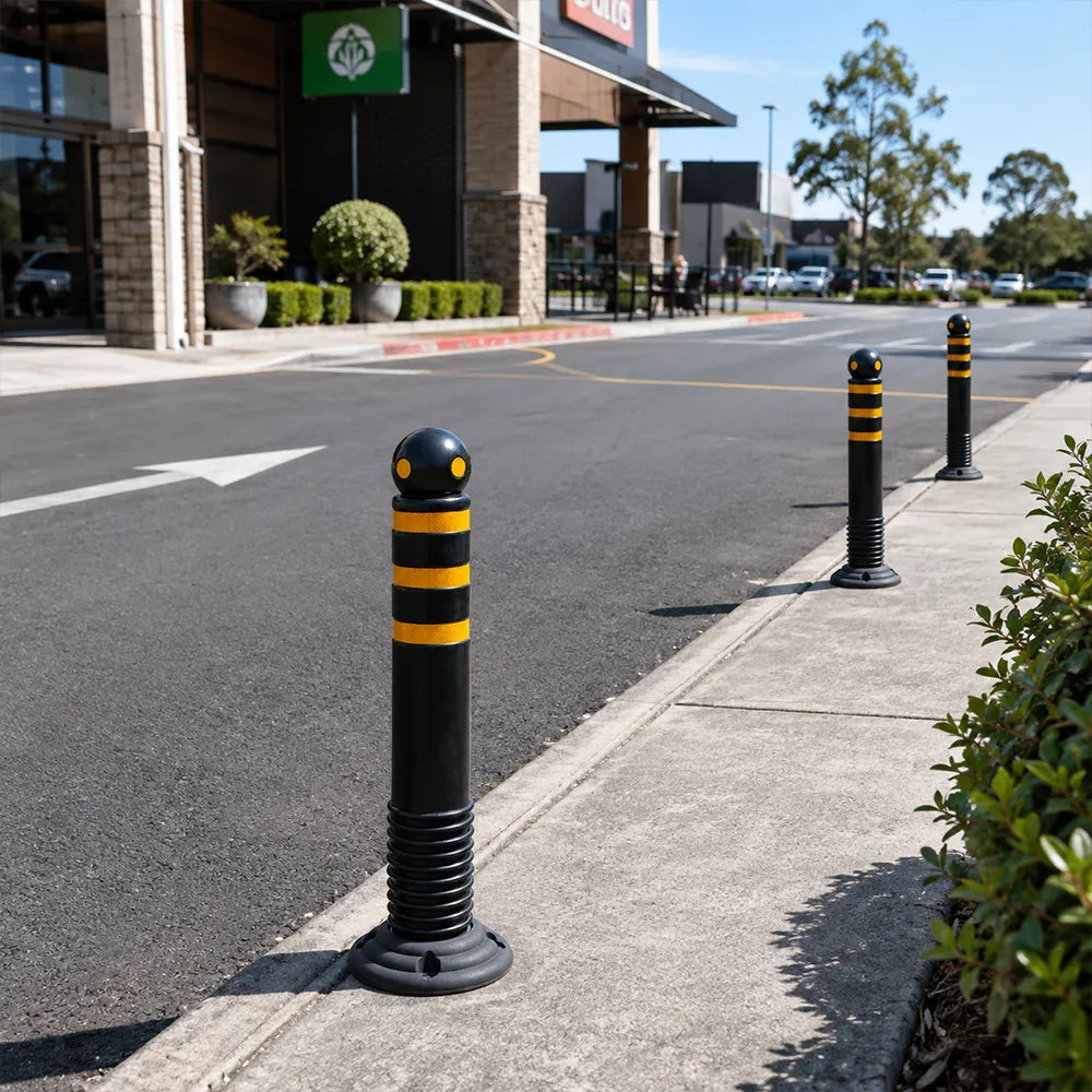 GROVIA Rubber Traffic Bollard 80cm Height 114mm Diameter Detachable Base Flexible Safety Post with Reflective Strips - Black & Yellow
