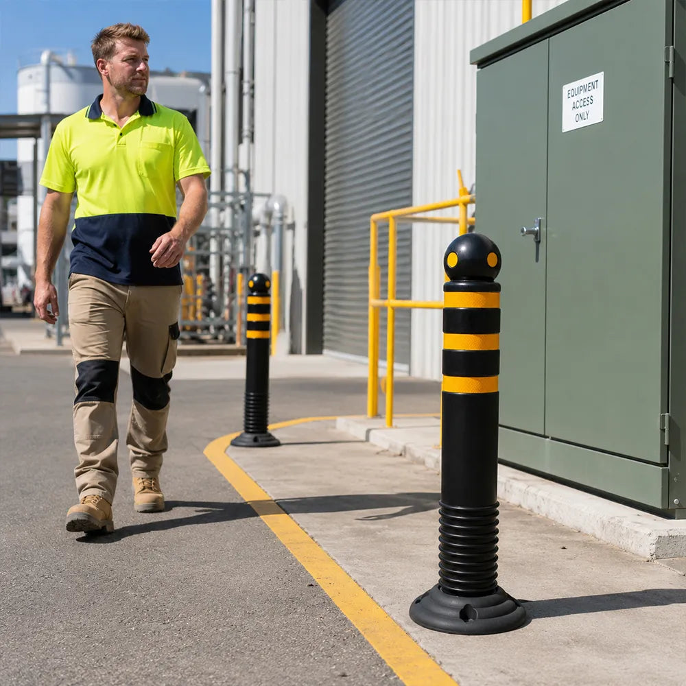 GROVIA Rubber Traffic Bollard 80cm Height 114mm Diameter Detachable Base Flexible Safety Post with Reflective Strips - Black & Yellow