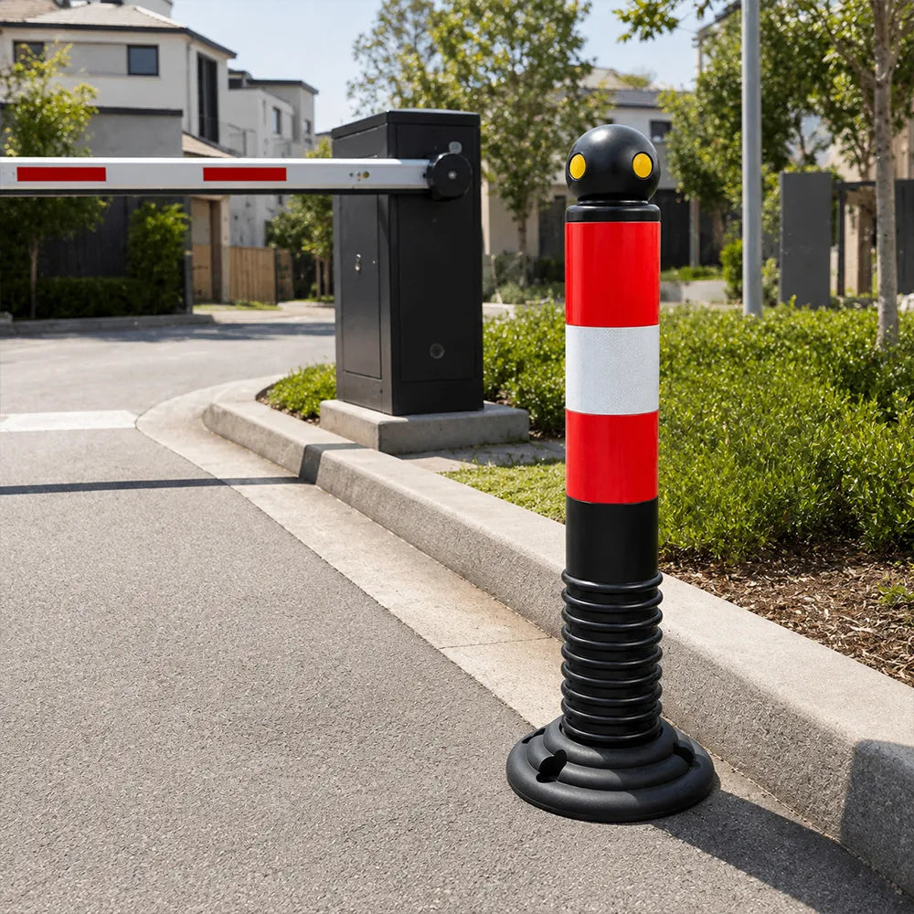 GROVIA Rubber Traffic Bollard 80cm Height 114mm Diameter Detachable Base Flexible Safety Post with Reflective Strips - Red & Black