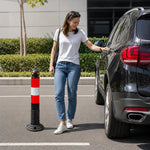GROVIA Rubber Traffic Bollard 80cm Height 114mm Diameter Detachable Base Flexible Safety Post with Reflective Strips - Red & Black