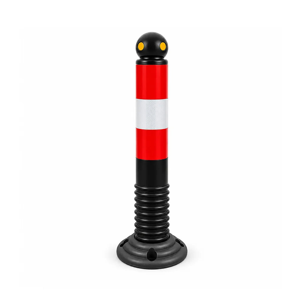 GROVIA Rubber Traffic Bollard 80cm Height 114mm Diameter Detachable Base Flexible Safety Post with Reflective Strips - Red & Black