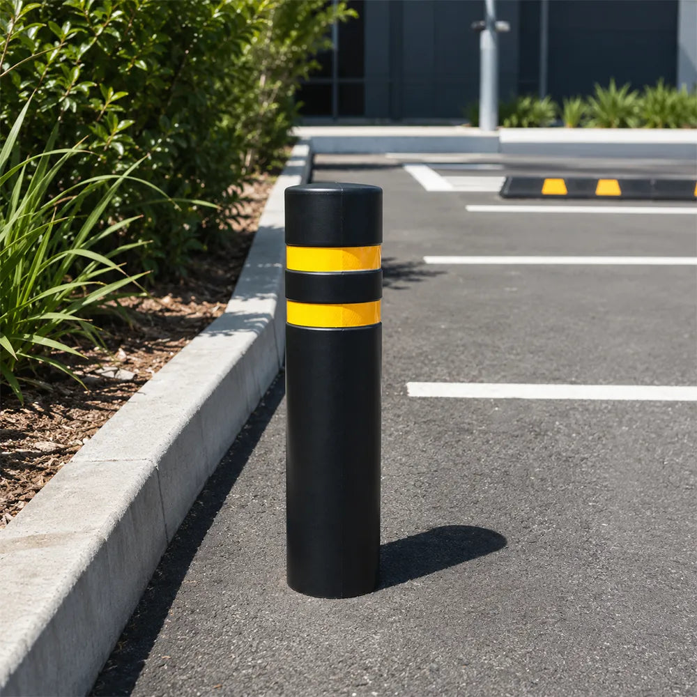 GROVIA Solid Rubber Traffic Bollard 80cm Height 159mm Diameter Embedded Safety Post with Reflective Strips for Road & Parking Control - Black & Yellow