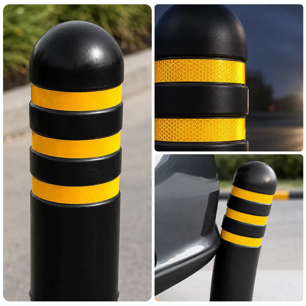 GROVIA Solid Rubber Traffic Bollard 80cm Height 150mm Diameter Embedded Safety Post with Reflective Strips for Road & Parking Control - Black & Yellow