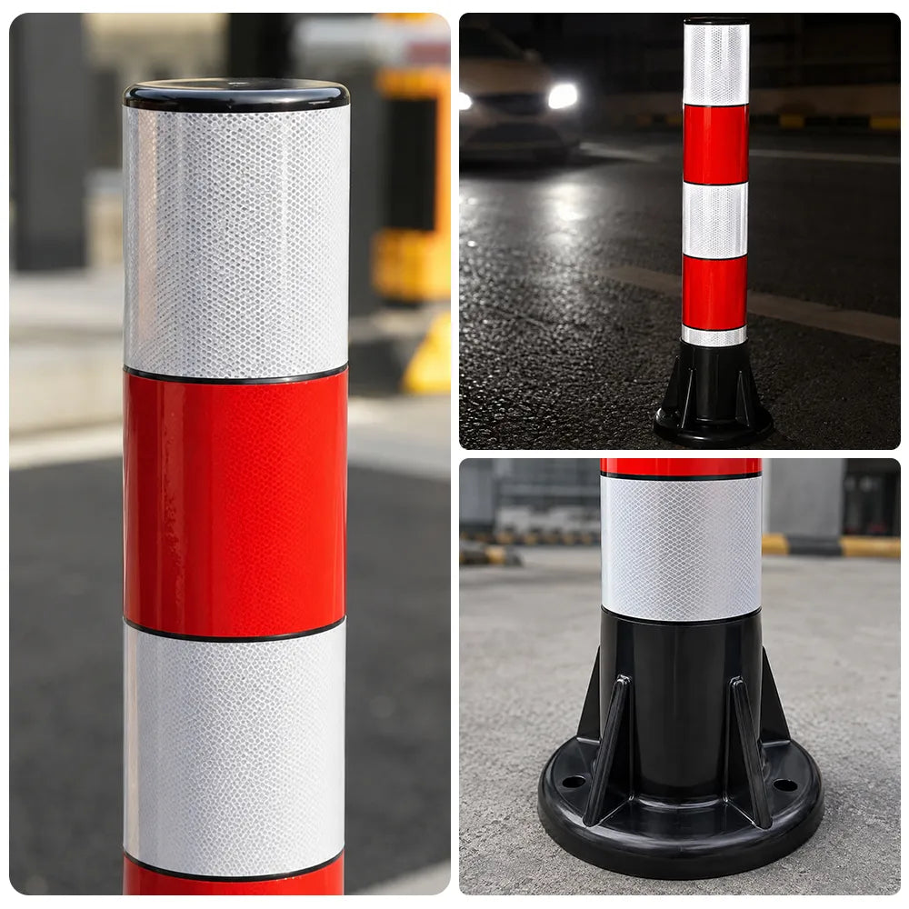 GROVIA Rubber Traffic Bollard 100cm Height 130mm Diameter Reinforced Base Safety Post with Red White Reflective Strips - Red & White
