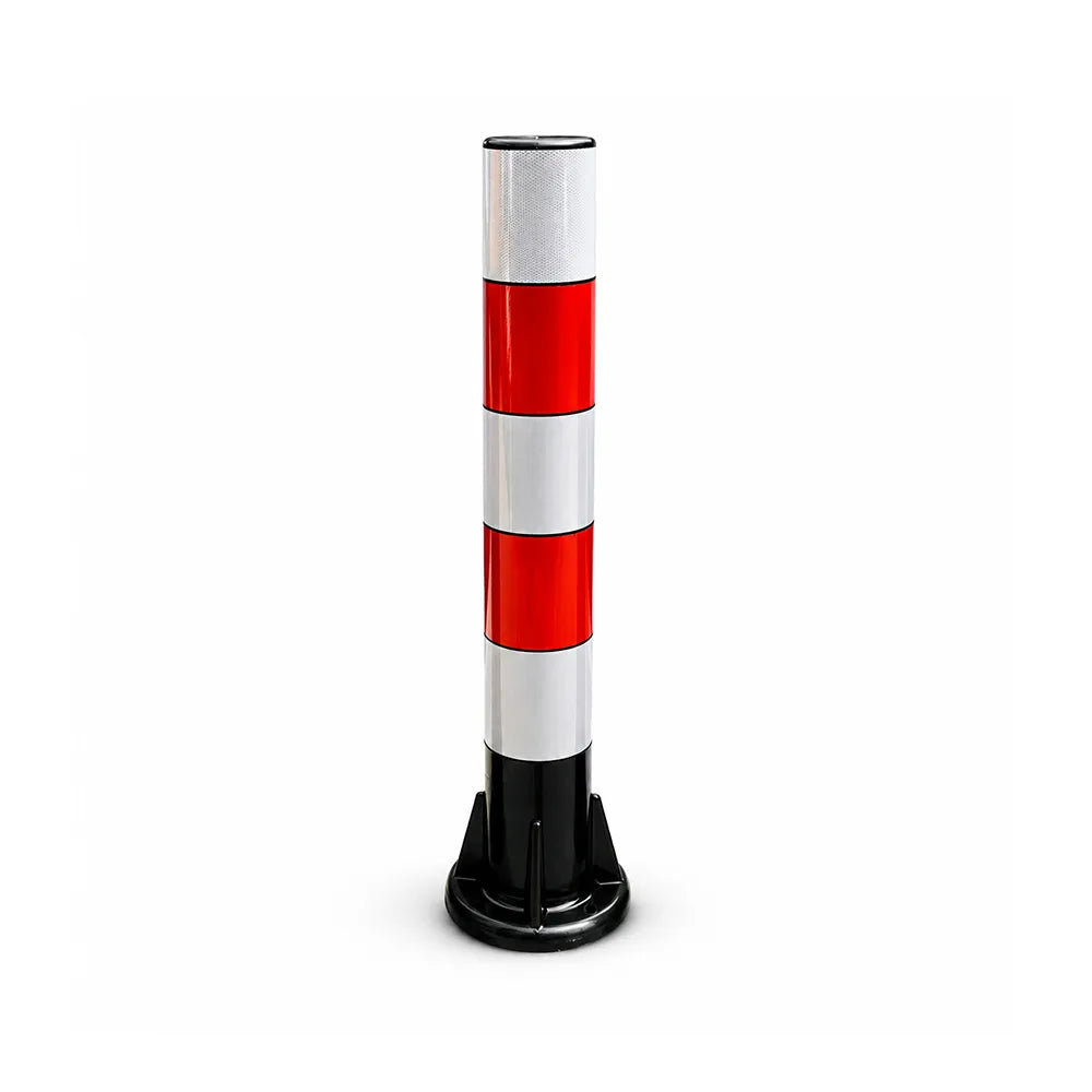 GROVIA Rubber Traffic Bollard 100cm Height 130mm Diameter Reinforced Base Safety Post with Red White Reflective Strips - Red & White