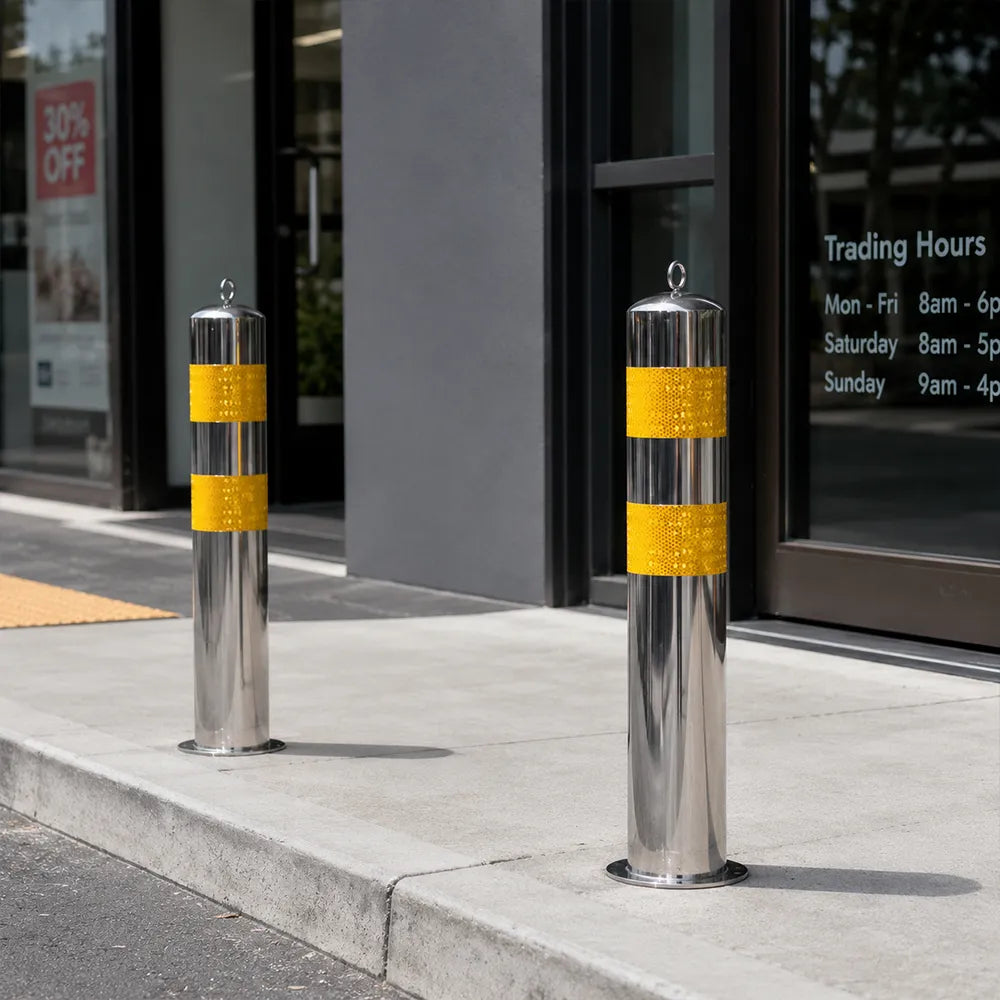 GROVIA Stainless Steel Traffic Bollard 65cm Height Embedded Safety Post with Reflective Strips for Road & Parking Control - Silver