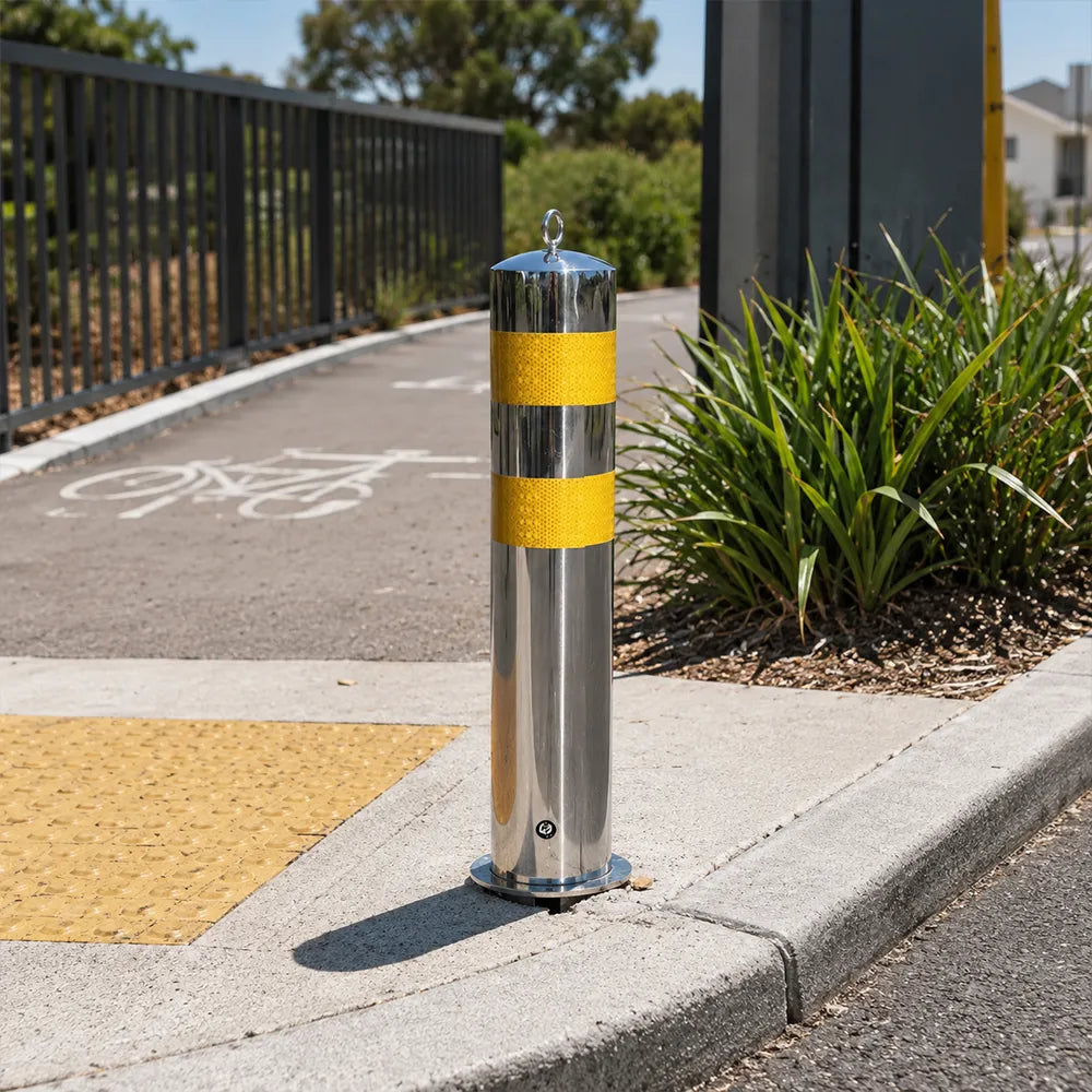 GROVIA Stainless Steel Traffic Bollard 65cm Height Embedded Safety Post with Reflective Strips for Road & Parking Control - Silver