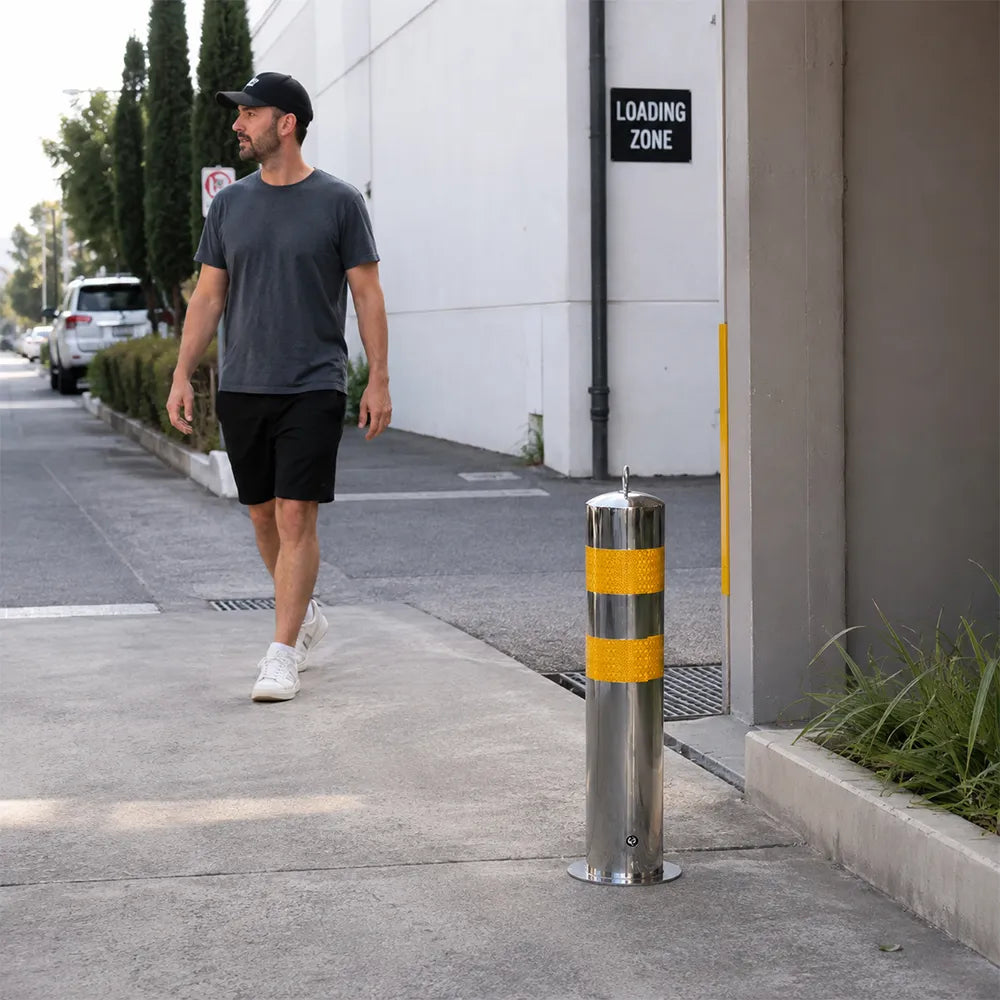 GROVIA Stainless Steel Traffic Bollard 65cm Height Embedded Safety Post with Reflective Strips for Road & Parking Control - Silver