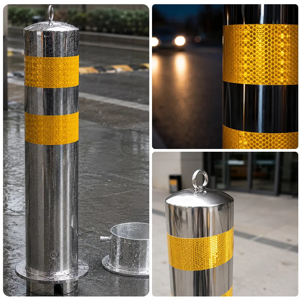 GROVIA Stainless Steel Traffic Bollard 65cm Height Embedded Safety Post with Reflective Strips for Road & Parking Control - Silver