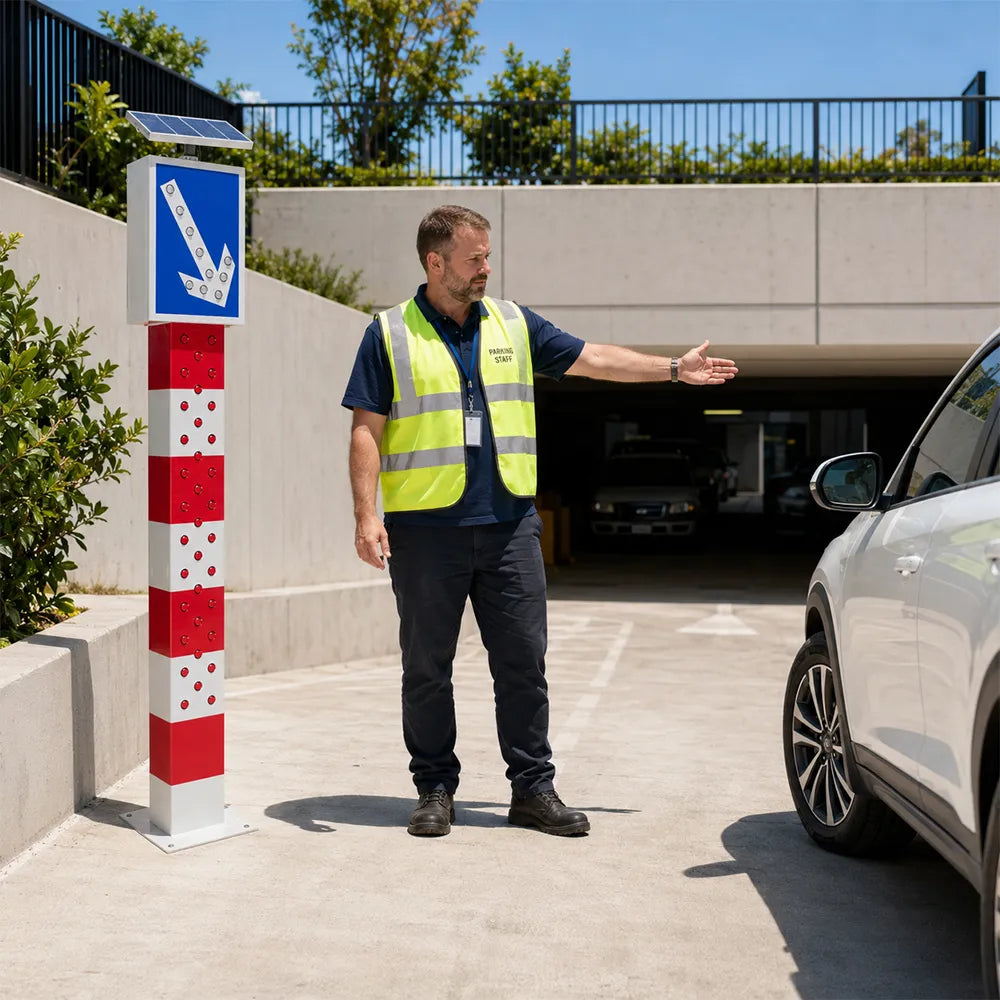 GROVIA Solar LED Warning Bollard - 1.6m High Visibility Traffic Safety Post with Reflective Arrow Sign for Road Guidance - Red & White