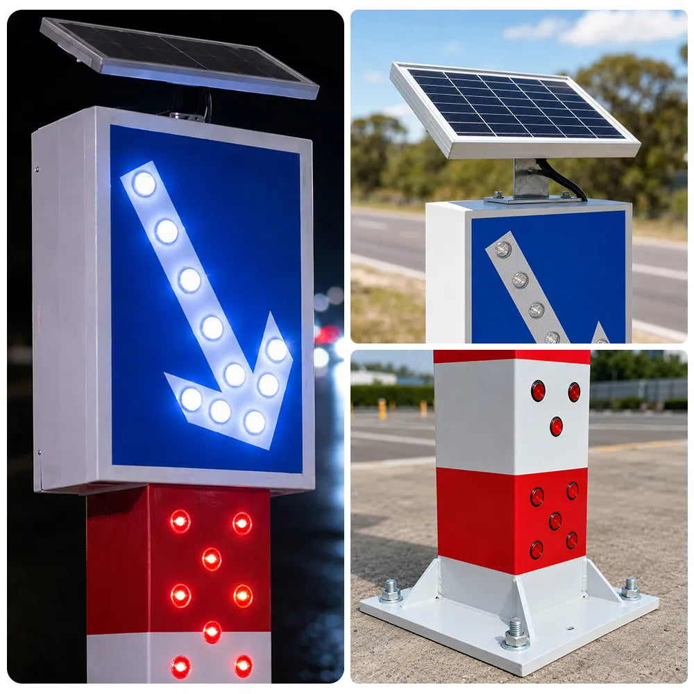 GROVIA Solar LED Warning Bollard - 1.6m High Visibility Traffic Safety Post with Reflective Arrow Sign for Road Guidance - Red & White