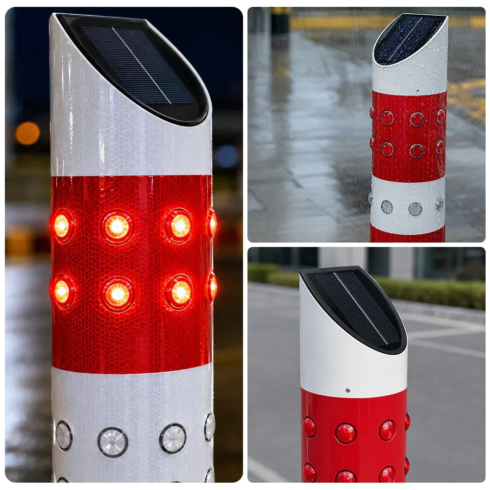 GROVIA Solar LED Warning Bollard - 1m Flashing Traffic Safety Post with High Visibility LEDs and IP65 Outdoor Protection - Red & White