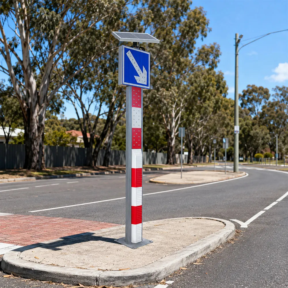 GROVIA Solar LED Exit Warning Bollard - 2.1m Traffic Safety Post with Right Arrow Reflective Sign for Road Guidance - Red & White