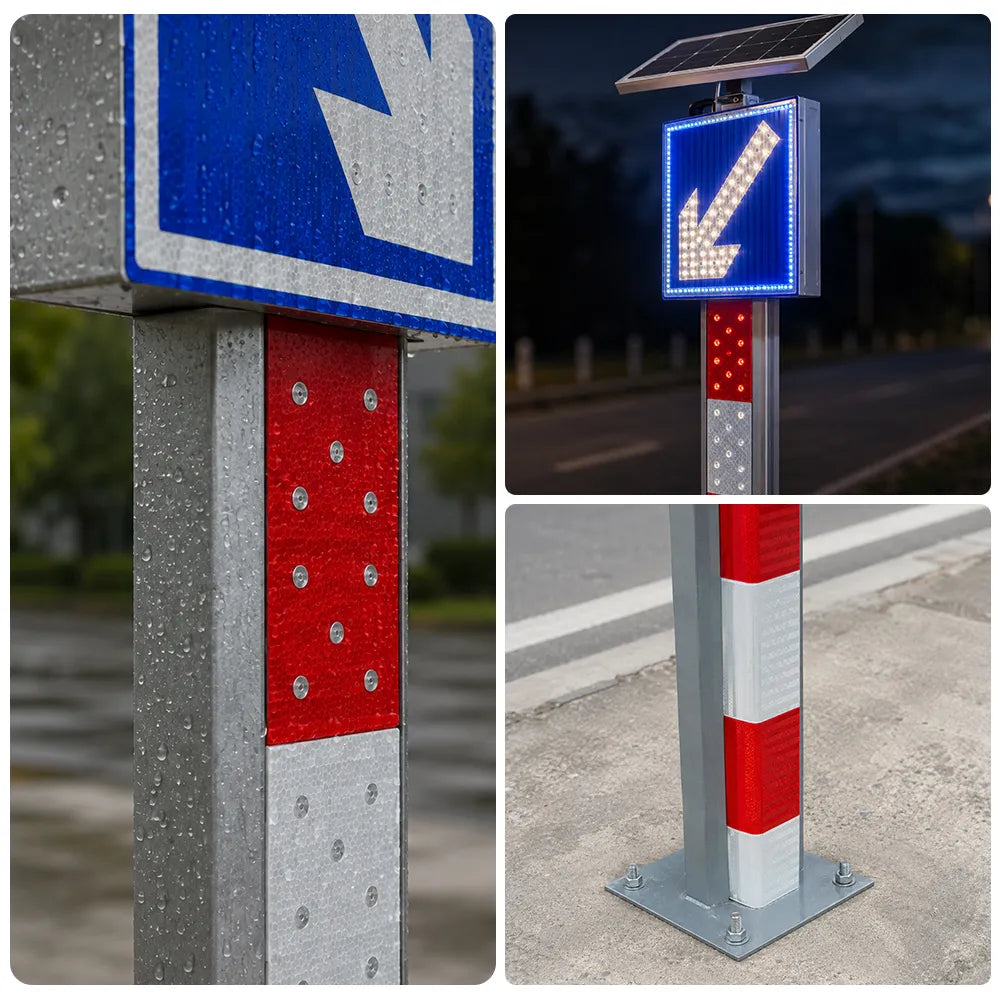 GROVIA Solar LED Exit Warning Bollard - 2.1m Traffic Safety Post with Right Arrow Reflective Sign for Road Guidance - Red & White