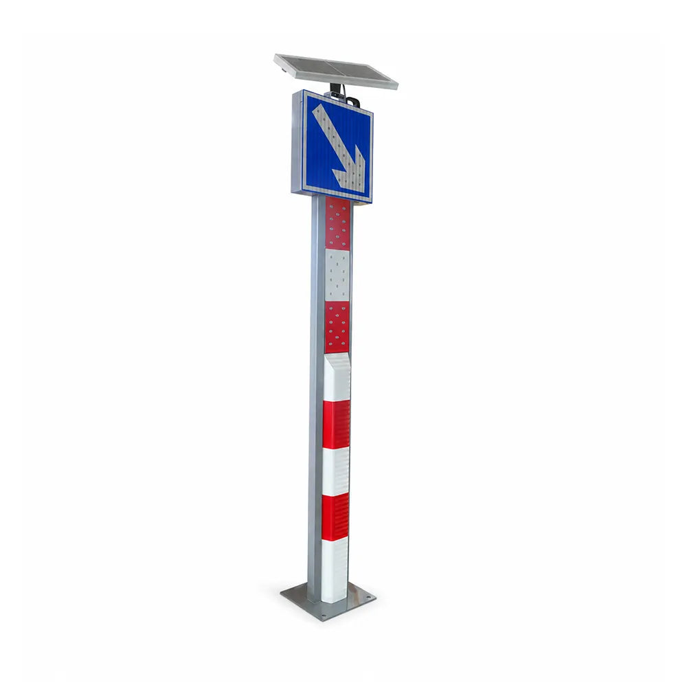 GROVIA Solar LED Exit Warning Bollard - 2.1m Traffic Safety Post with Right Arrow Reflective Sign for Road Guidance - Red & White
