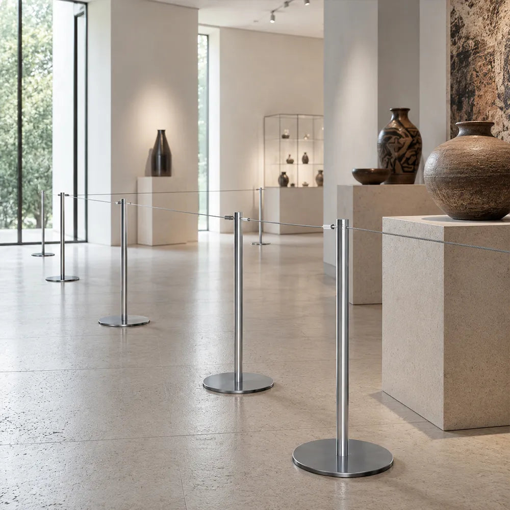 GROVIA 100cm Magnetic Rope Barrier Post - Stainless Steel Stanchion with Retractable Steel Cable for Museums & Galleries - Silver