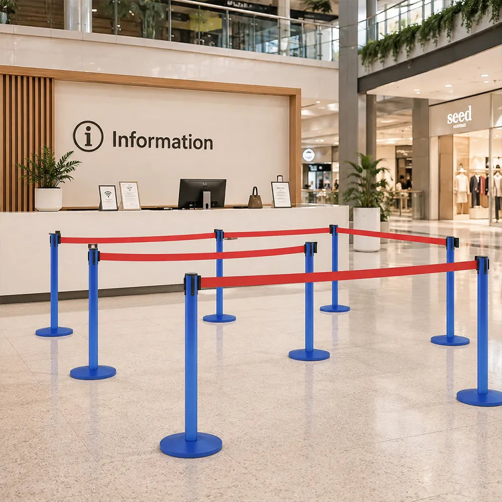 GROVIA Retractable Belt Barrier Post - 2m Queue Control Stanchion with Weighted Base for Crowd Management - Blue