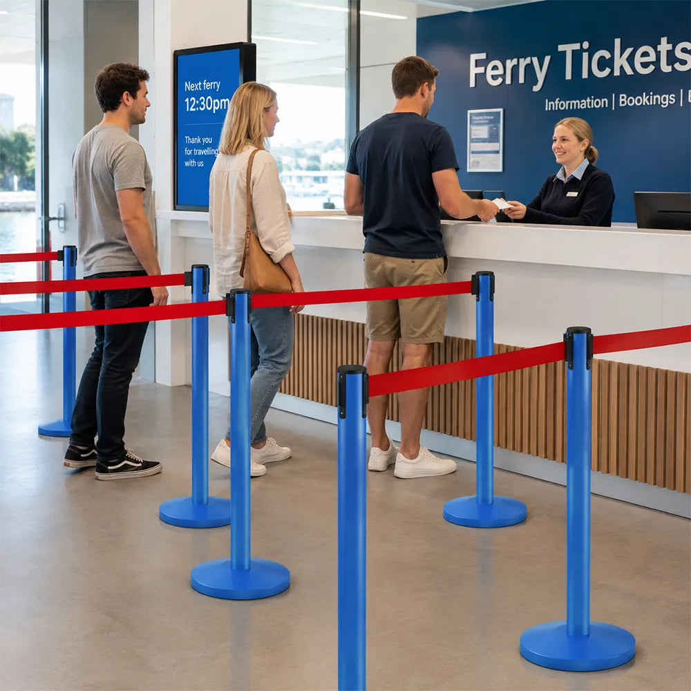 GROVIA Retractable Belt Barrier Post - 2m Queue Control Stanchion with Weighted Base for Crowd Management - Blue
