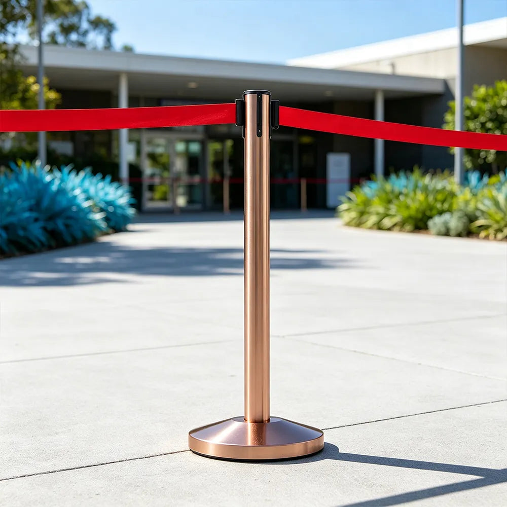 GROVIA Retractable Belt Barrier Post - 2m Queue Control Stanchion with Weighted Base for Crowd Management - Rose Gold