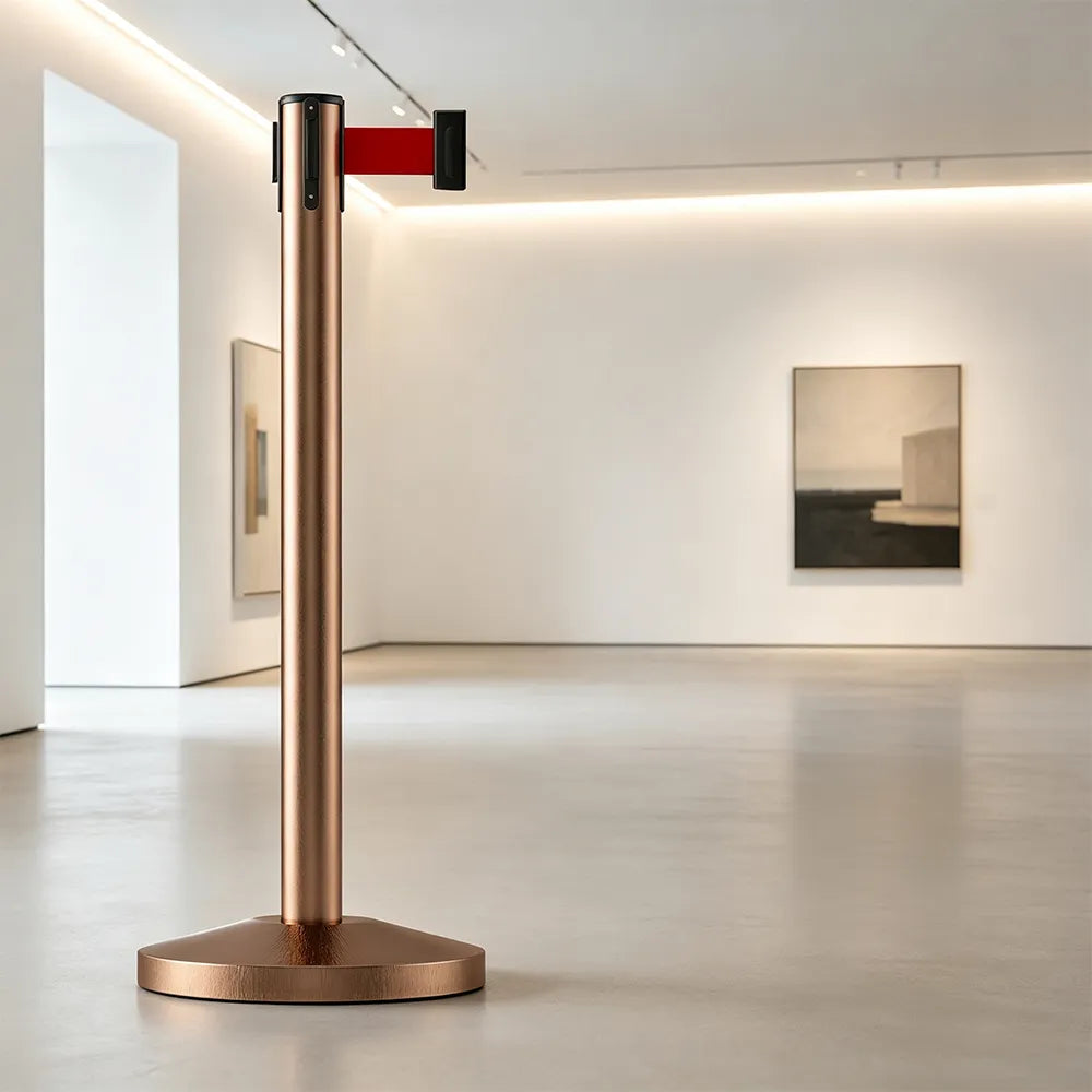 GROVIA Retractable Belt Barrier Post - 2m Queue Control Stanchion with Weighted Base for Crowd Management - Rose Gold