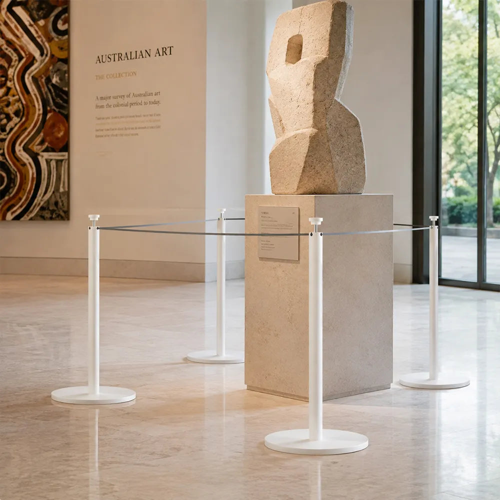 GROVIA Stainless Steel Museum Barrier Post - 45cm Brushed Finish Stanchion with Weighted Base for Art Galleries & Exhibitions - White
