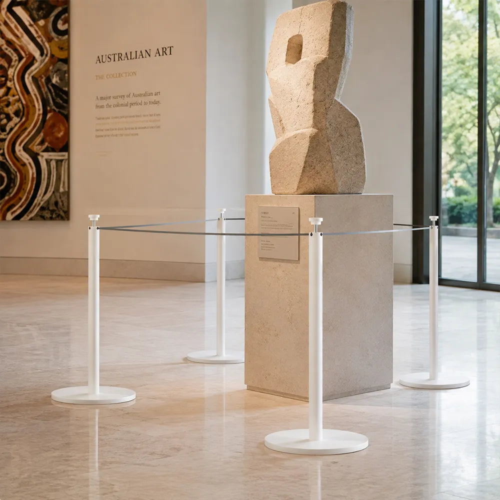 GROVIA Stainless Steel Museum Barrier Post - 45cm Brushed Finish Stanchion with Weighted Base for Art Galleries & Exhibitions - White