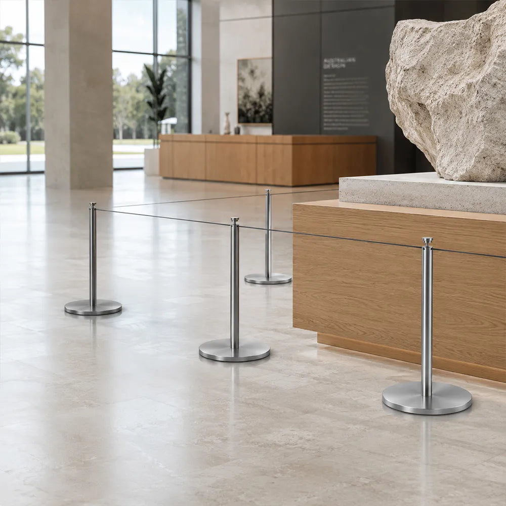 GROVIA Stainless Steel Museum Barrier Post - 45cm Brushed Finish Stanchion with Weighted Base for Art Galleries & Exhibitions - Grey