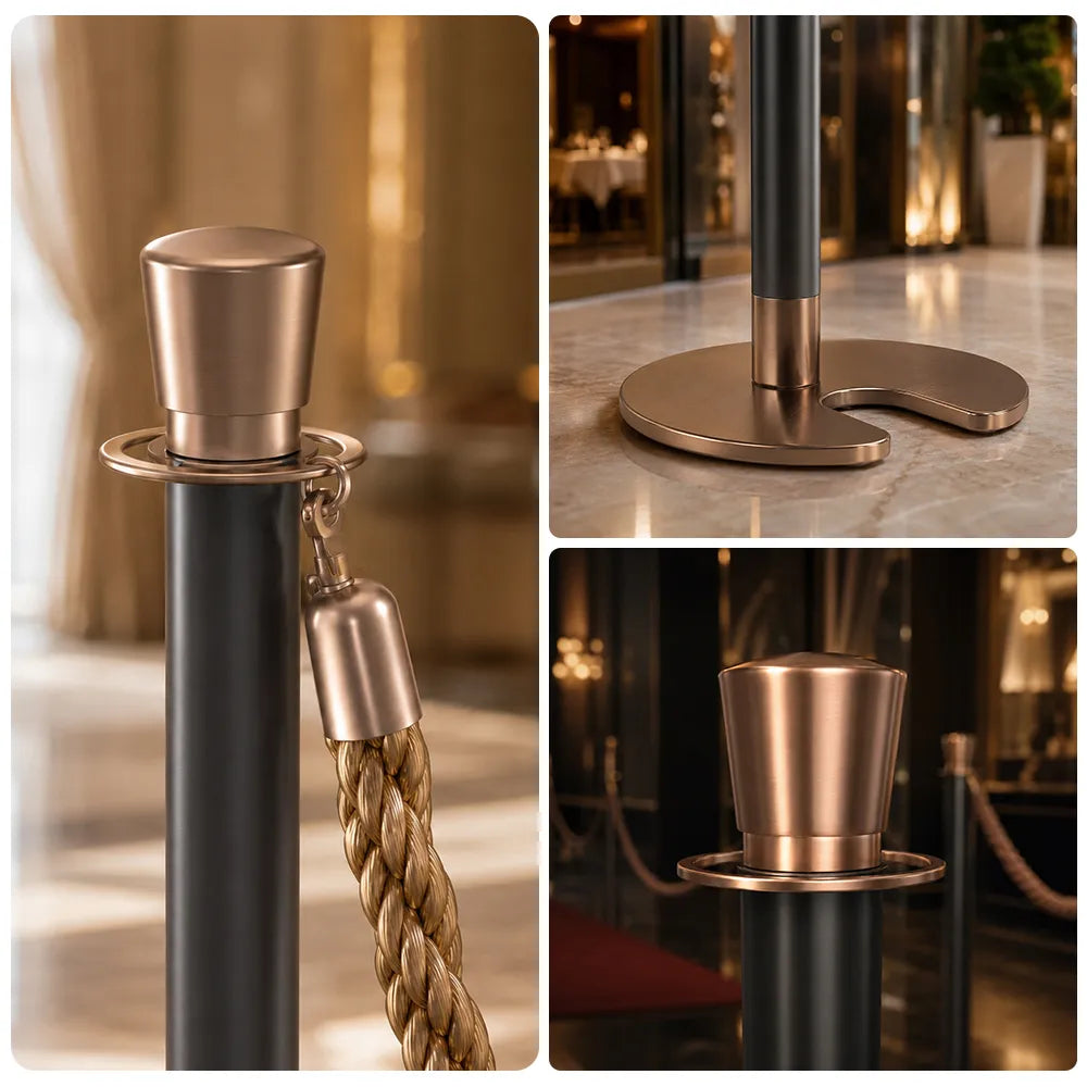 GROVIA Stainless Steel Crown Top Barrier Post - 100cm Brushed Finish Stanchion with 8.5kg U-Shaped Weighted Base for Hotels & Events - Rose Gold