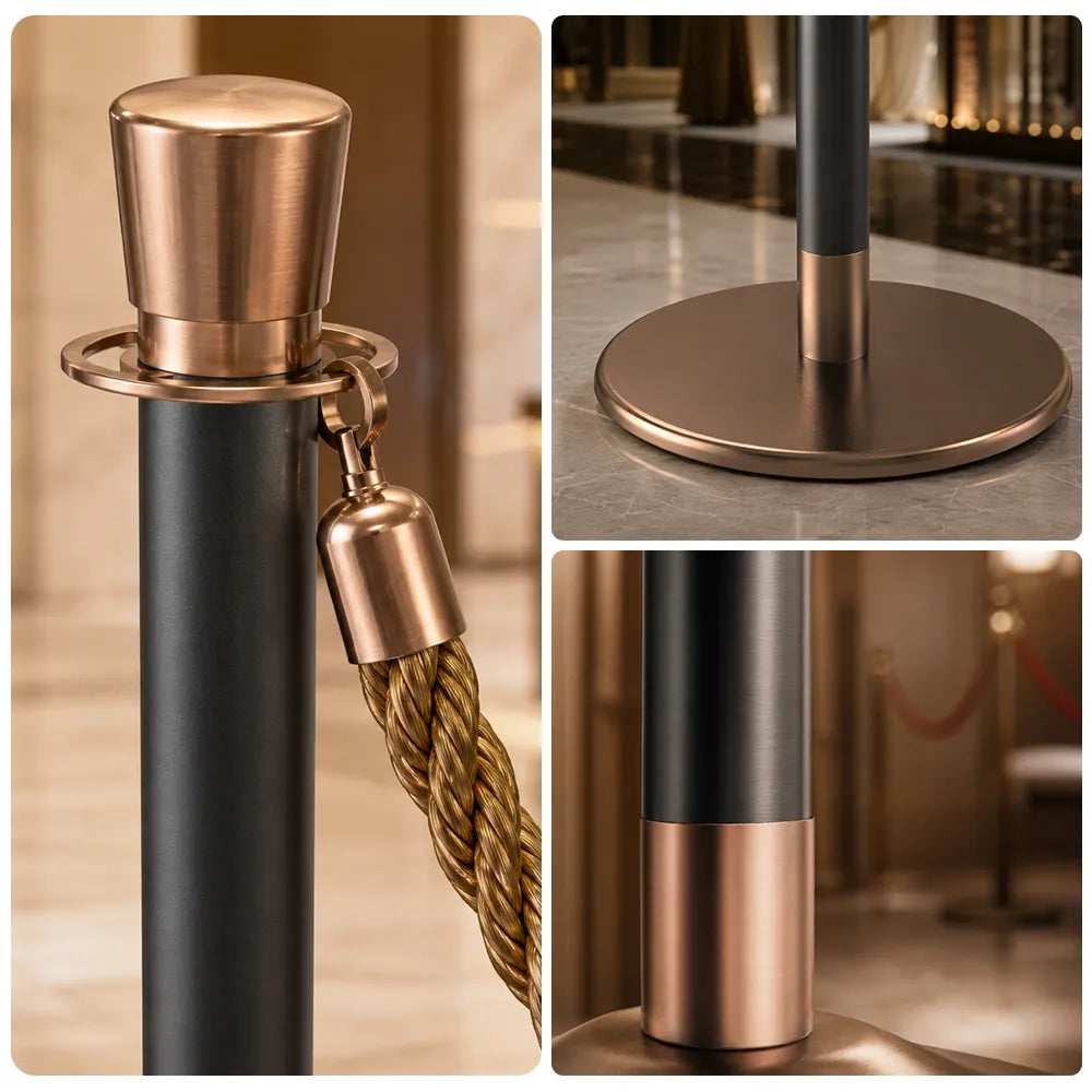 GROVIA Stainless Steel Crown Top Barrier Post - 100cm Stanchion with Heavy-Duty Iron Base for Hotels & Events - Rose Gold