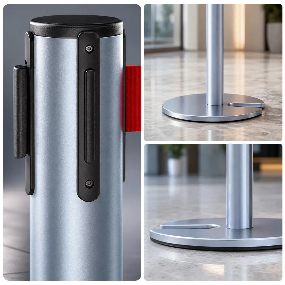 GROVIA Retractable Belt Barrier Post - 90cm Stanchion with 2m Customisable Belt & Weighted Base for Queue Management - Blue
