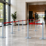 GROVIA Retractable Belt Barrier Post - 90cm Stanchion with 2m Customisable Belt & Flat Iron Base for Queue Management - Blue