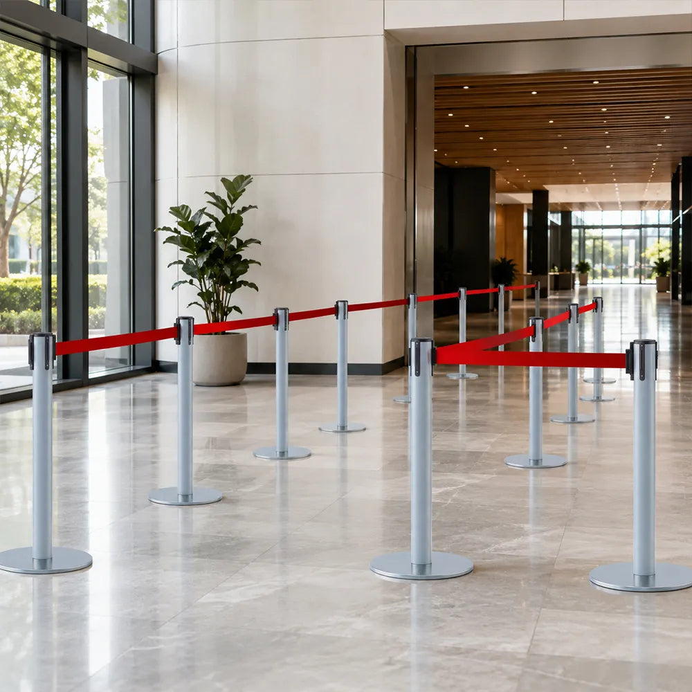 GROVIA Retractable Belt Barrier Post - 90cm Stanchion with 2m Customisable Belt & Flat Iron Base for Queue Management - Blue