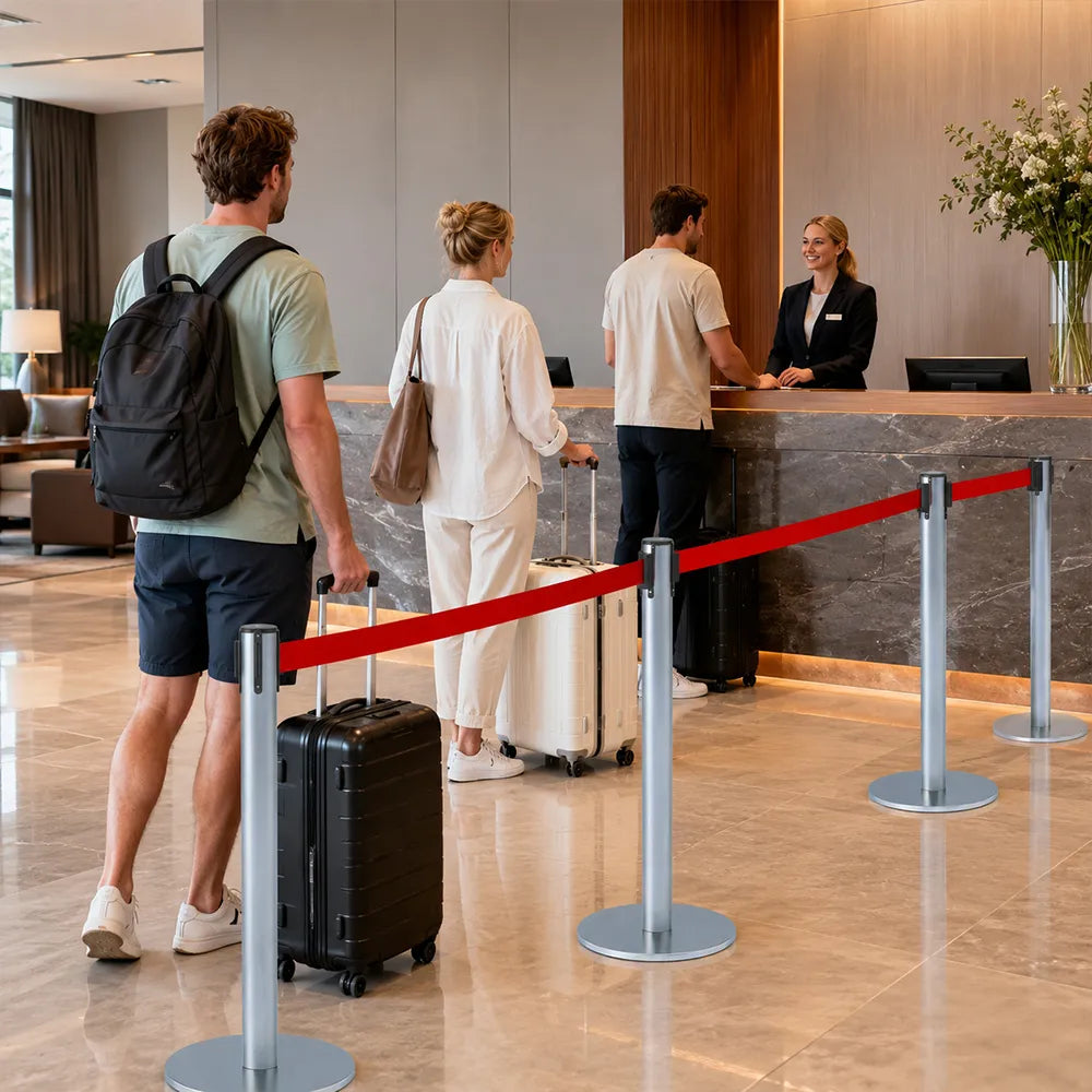 GROVIA Retractable Belt Barrier Post - 90cm Stanchion with 2m Customisable Belt & Flat Iron Base for Queue Management - Blue