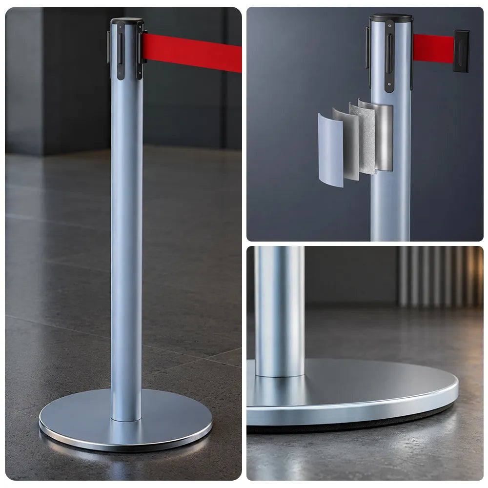 GROVIA Retractable Belt Barrier Post - 90cm Stanchion with 2m Customisable Belt & Flat Iron Base for Queue Management - Blue