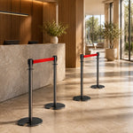 GROVIA Retractable Belt Barrier Post - 2m Belt Stanchion with Brushed Finish & U-Shaped Cast Iron Base for Queue Management - Black Titanium