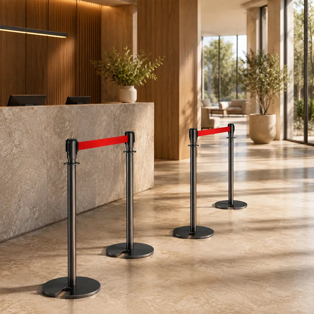 GROVIA Retractable Belt Barrier Post - 2m Belt Stanchion with Brushed Finish & U-Shaped Cast Iron Base for Queue Management - Black Titanium