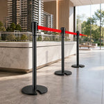 GROVIA Retractable Belt Barrier Post - 2m Belt Stanchion with Brushed Finish & U-Shaped Cast Iron Base for Queue Management - Black Titanium