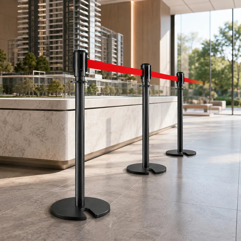 GROVIA Retractable Belt Barrier Post - 2m Belt Stanchion with Brushed Finish & U-Shaped Cast Iron Base for Queue Management - Black Titanium