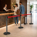 GROVIA Retractable Belt Barrier Post - 2m Belt Stanchion with Brushed Finish & U-Shaped Cast Iron Base for Queue Management - Black Titanium