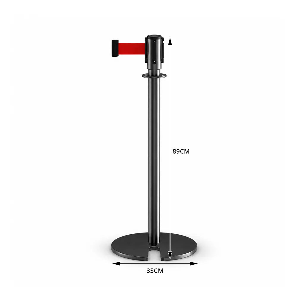 GROVIA Retractable Belt Barrier Post - 2m Belt Stanchion with Brushed Finish & U-Shaped Cast Iron Base for Queue Management - Black Titanium