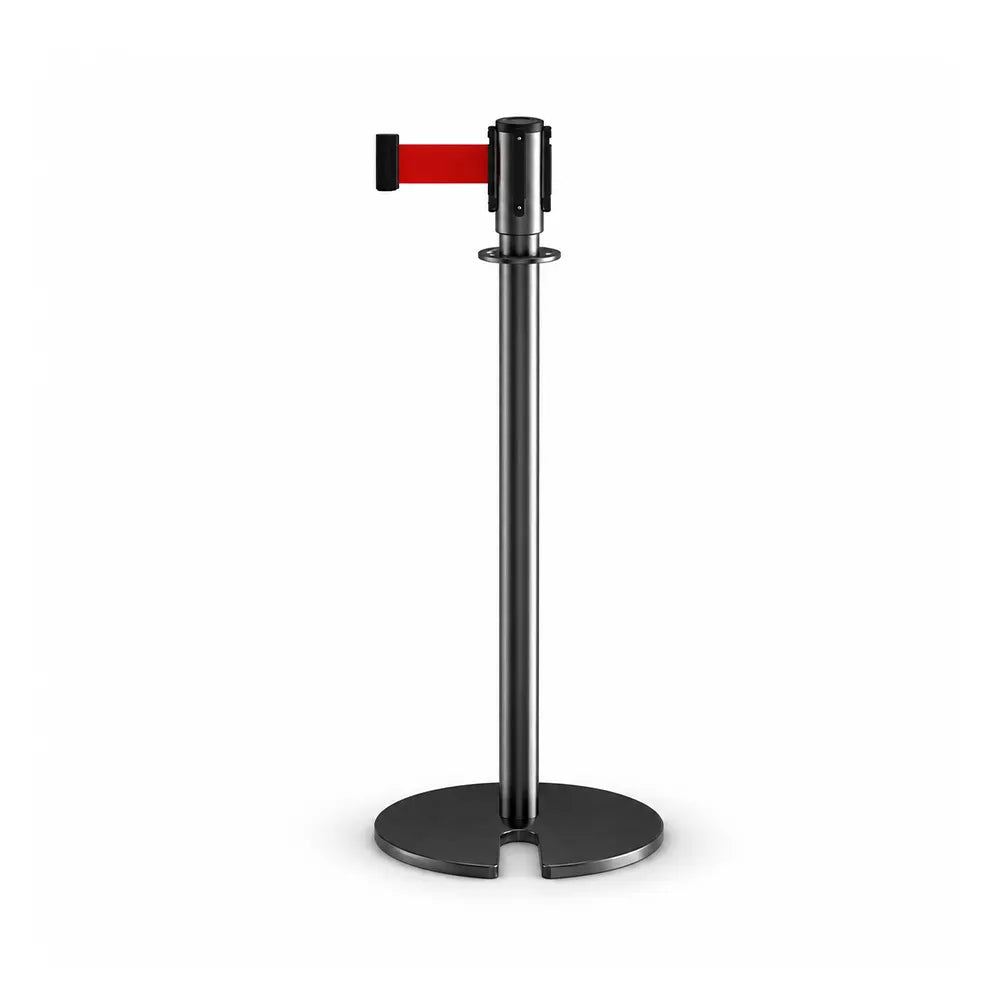 GROVIA Retractable Belt Barrier Post - 2m Belt Stanchion with Brushed Finish & U-Shaped Cast Iron Base for Queue Management - Black Titanium