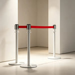 GROVIA Retractable Belt Barrier Post - 2m Belt Stanchion with Brushed Finish & U-Shaped Cast Iron Base for Queue Management - White