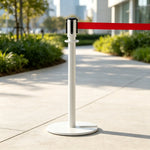 GROVIA Retractable Belt Barrier Post - 2m Belt Stanchion with Brushed Finish & U-Shaped Cast Iron Base for Queue Management - White