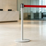 GROVIA Retractable Belt Barrier Post - 2m Belt Stanchion with Brushed Finish & U-Shaped Cast Iron Base for Queue Management - White