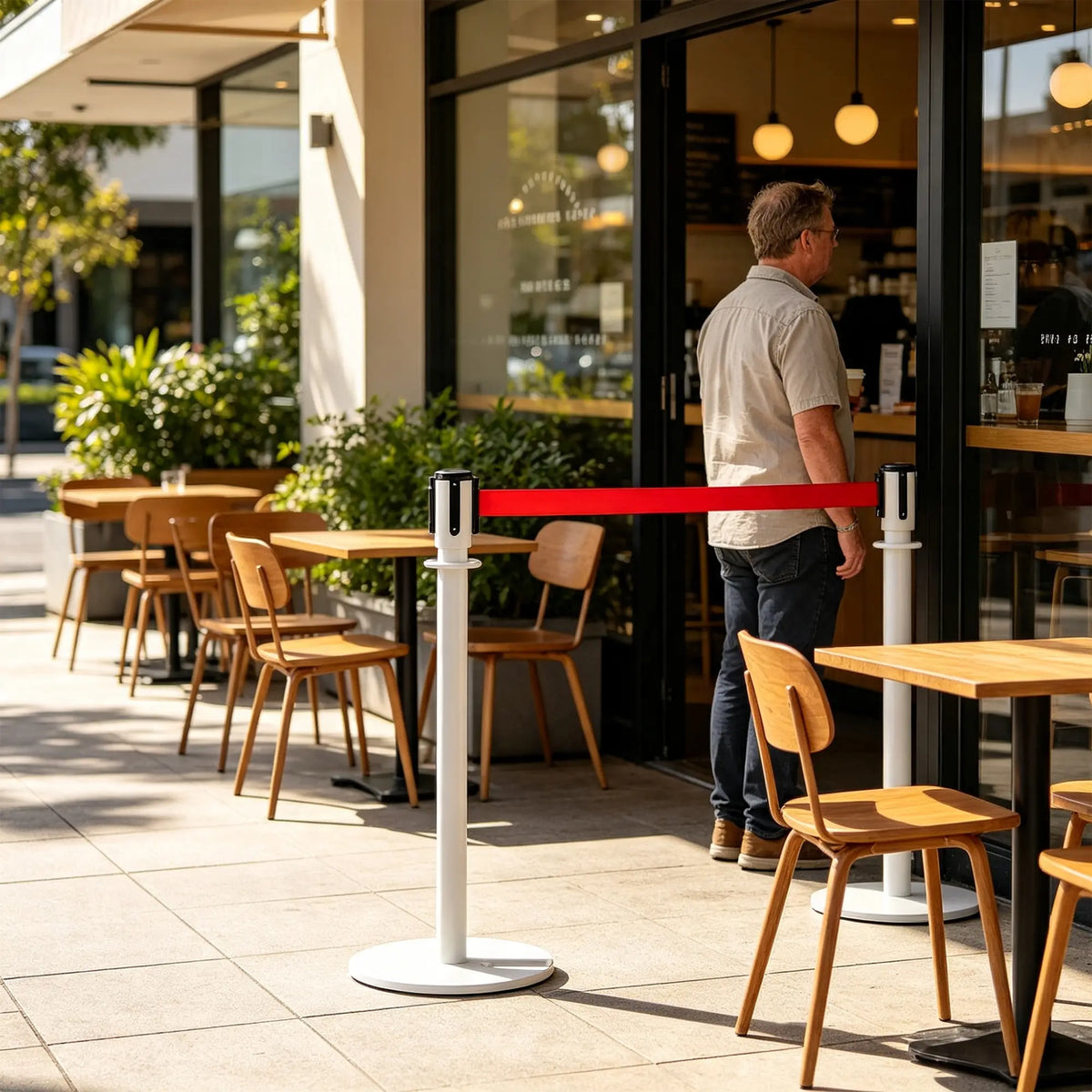 GROVIA Retractable Belt Barrier Post - 2m Belt Stanchion with Brushed Finish & U-Shaped Cast Iron Base for Queue Management - White