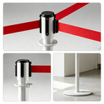 GROVIA Retractable Belt Barrier Post - 2m Belt Stanchion with Brushed Finish & U-Shaped Cast Iron Base for Queue Management - White