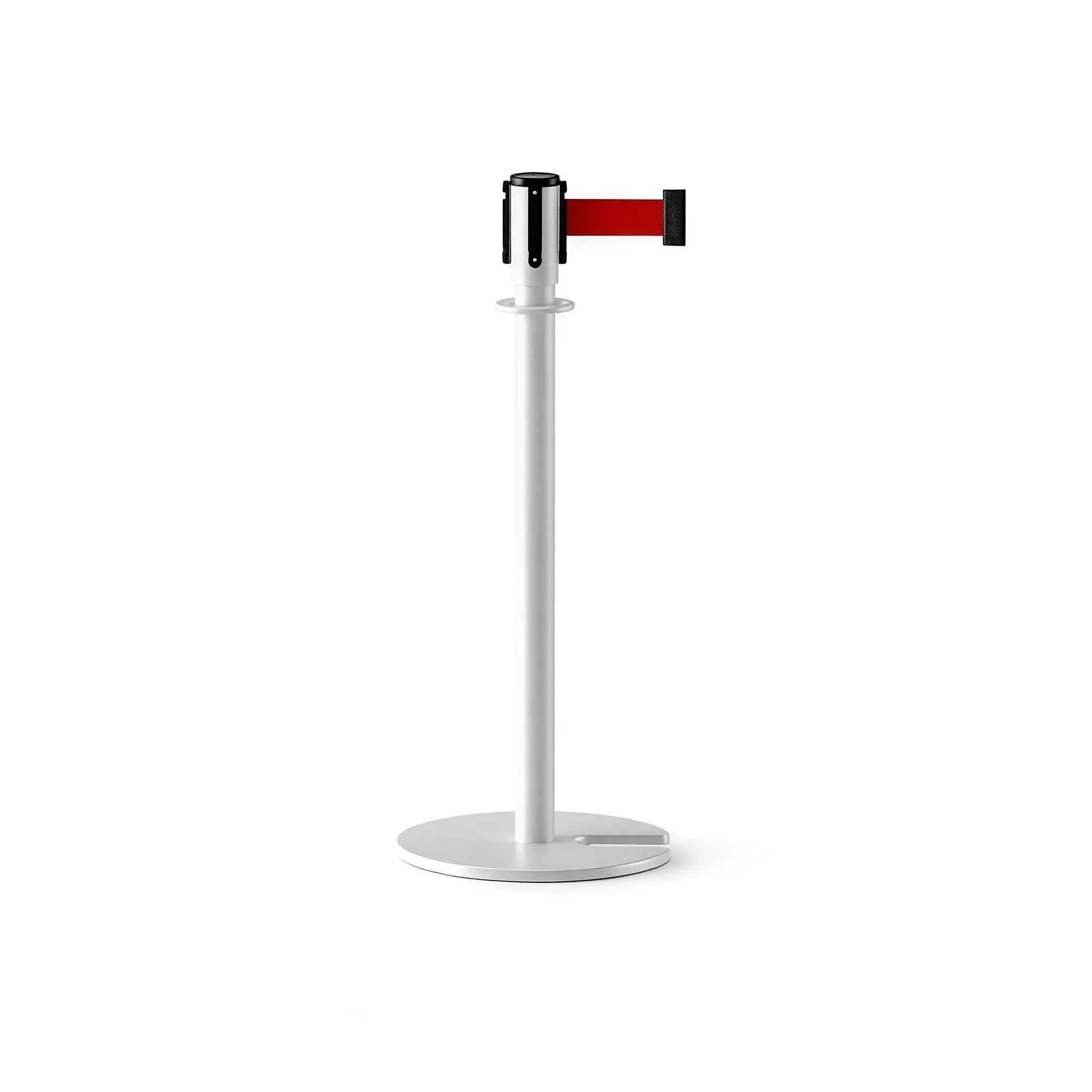 GROVIA Retractable Belt Barrier Post - 2m Belt Stanchion with Brushed Finish & U-Shaped Cast Iron Base for Queue Management - White