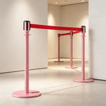 GROVIA Retractable Belt Barrier Post - 2m Belt Stanchion with Brushed Finish & U-Shaped Cast Iron Base for Queue Management - Pink