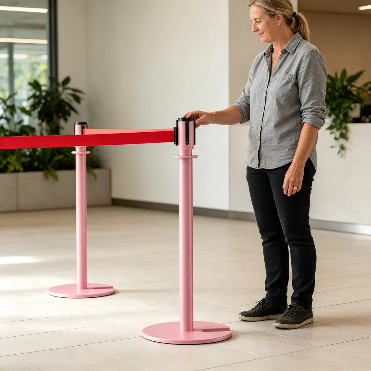 GROVIA Retractable Belt Barrier Post - 2m Belt Stanchion with Brushed Finish & U-Shaped Cast Iron Base for Queue Management - Pink