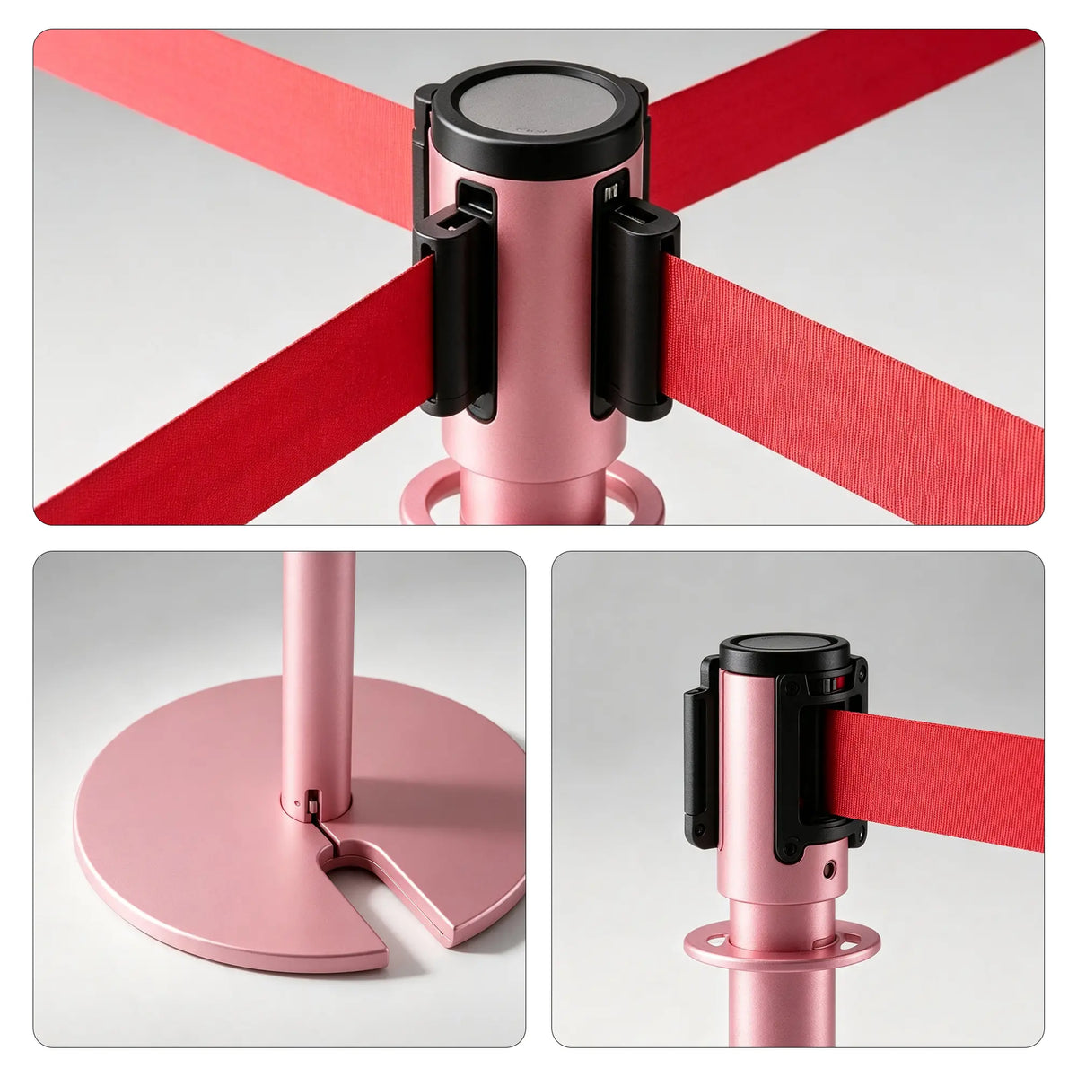 GROVIA Retractable Belt Barrier Post - 2m Belt Stanchion with Brushed Finish & U-Shaped Cast Iron Base for Queue Management - Pink